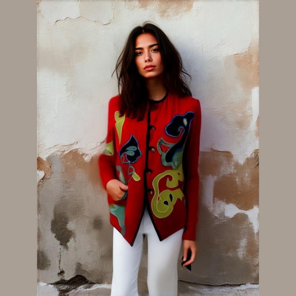 Allure Red Embroidered Applique Floral Lined Jacket Womens Size M cotton